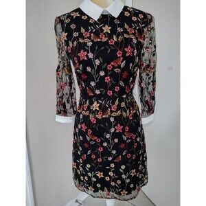 Aqua Bloomingdale's Women's Black Mesh Floral Embroidered Dress Size Small